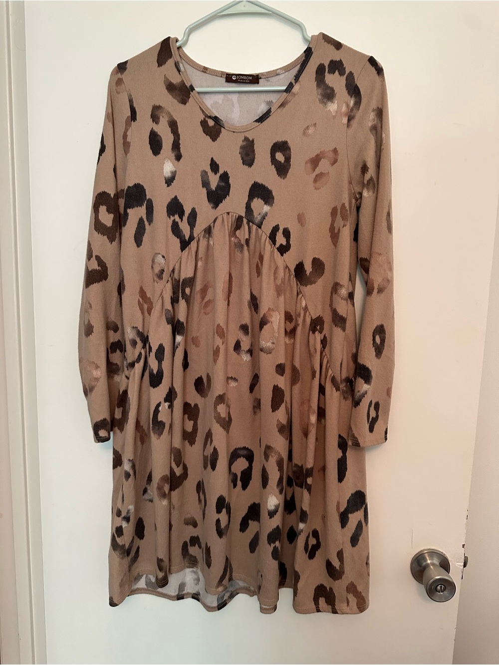 Leopard Print Long Sleeve Swing Dress - Taupe